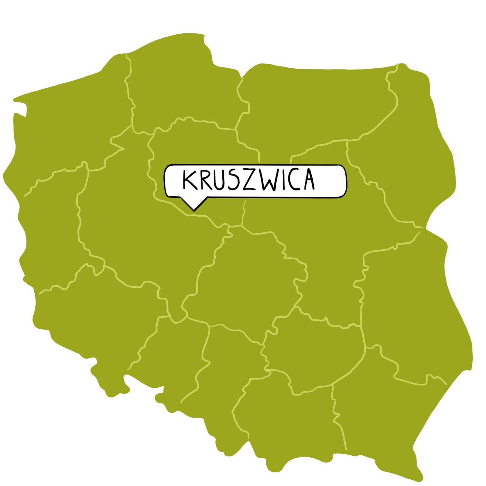 Grafika przedstawia mapę Polski, jasne linie wyznaczają tereny województw. Na mapie zaznaczono miasto z podpisem Kruszwica. Znajduje się ono w południowej części województwa kujawsko‑pomorskiego.