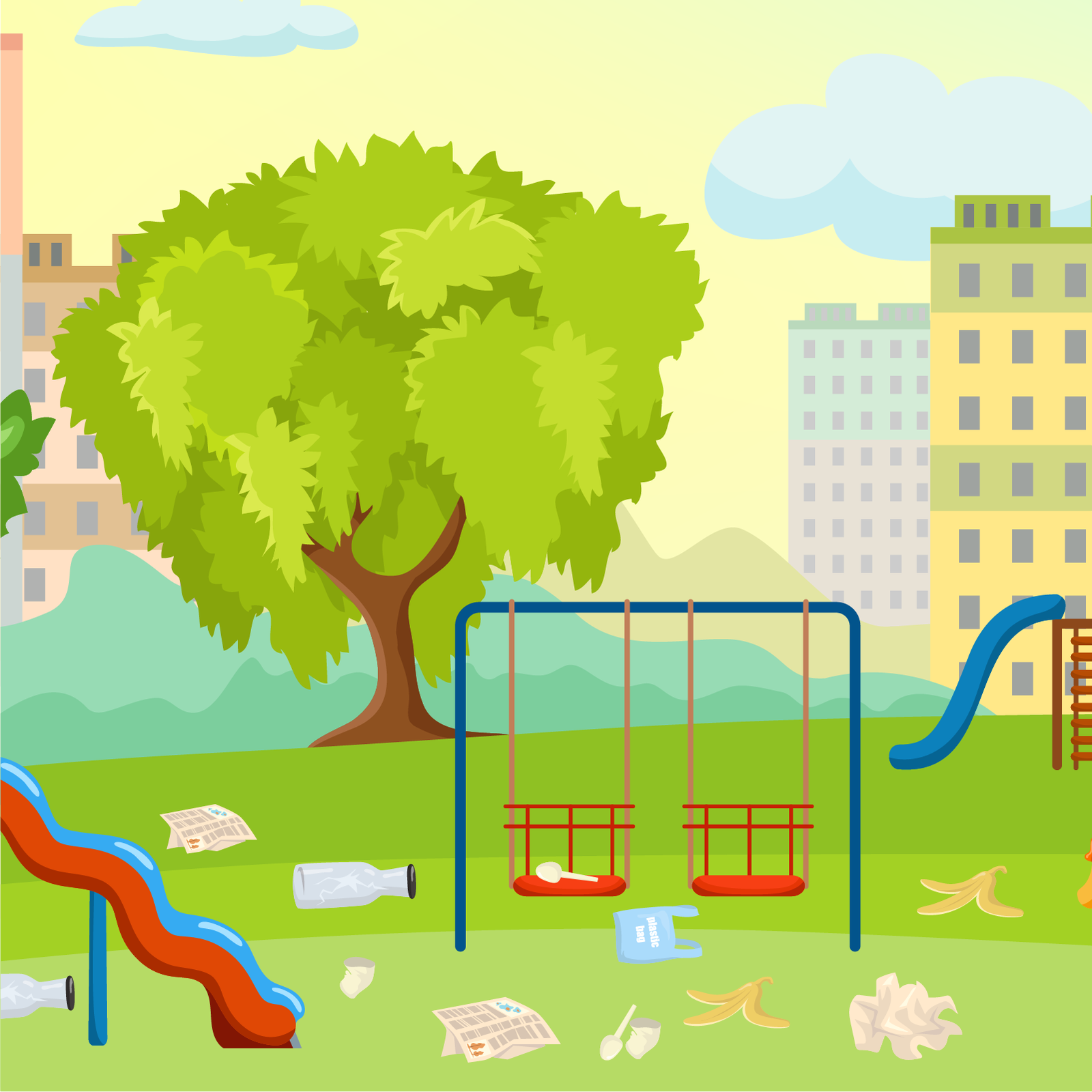 Ilustracja przedstawia huśtawki na placu zabaw, wokół których leżą śmieci. 