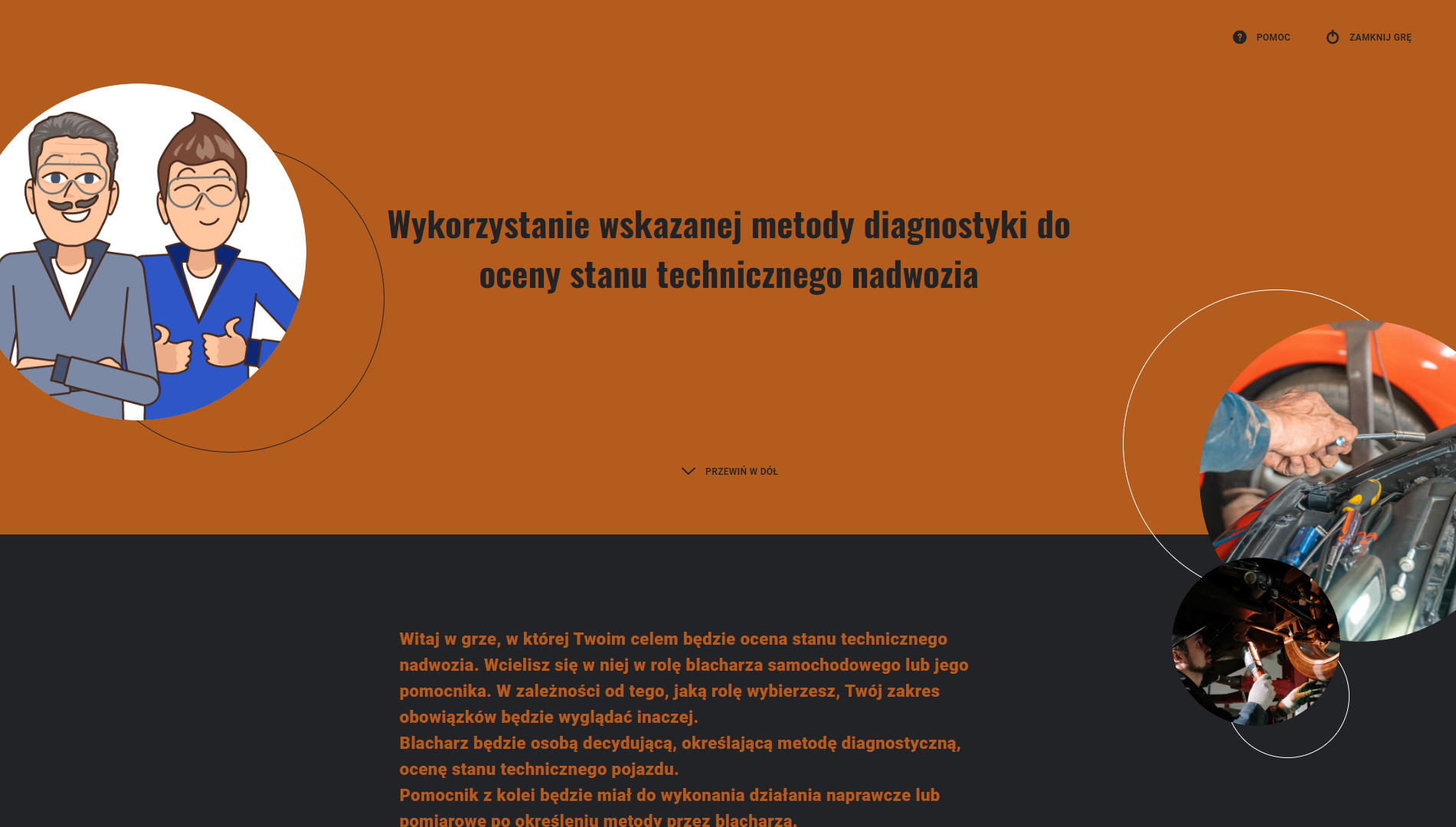 Przykładowy ekran początkowy w grze z wstępem i fragmentem instrukcji.