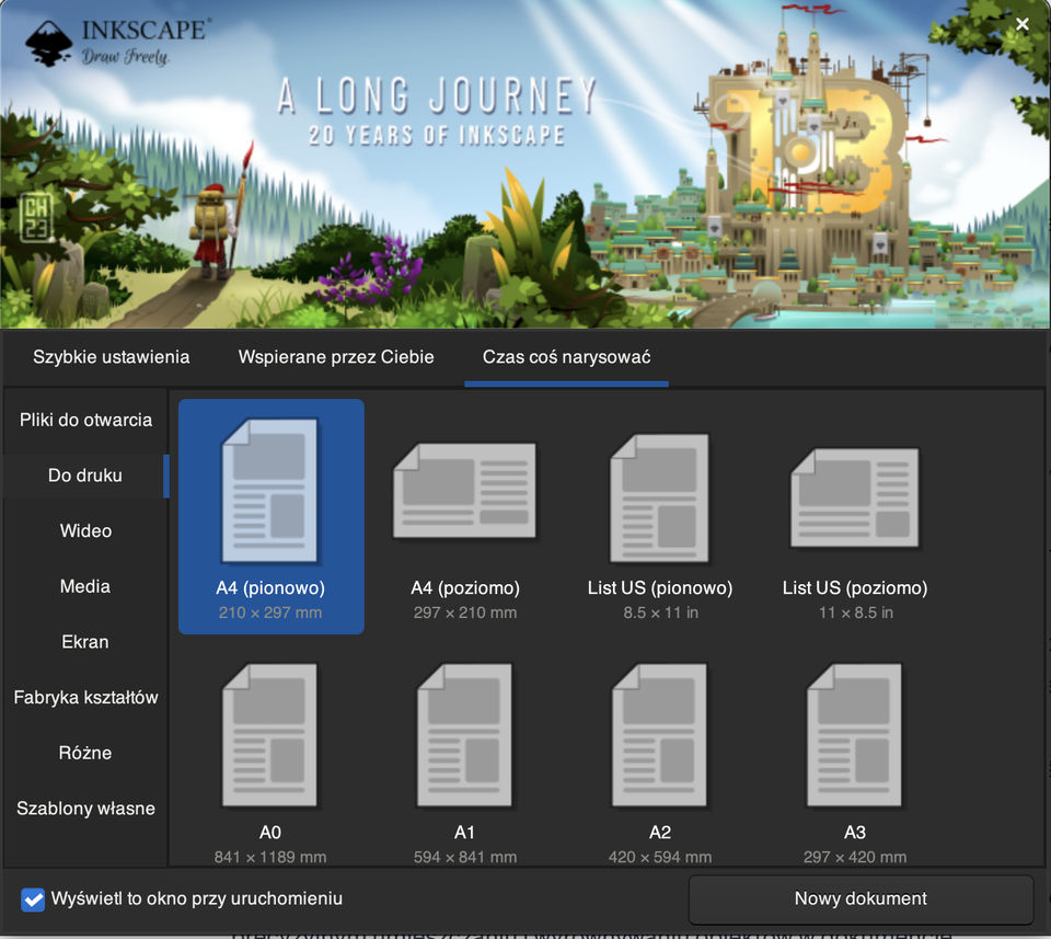 Grafika przedstawia ustawianie obszaru roboczego w programie Inkscape. W panelu czas coś narysować w oknie do druku istnieje możliwość ustawienia wybrania formatu i położenia obszaru.