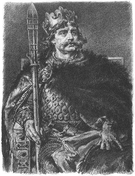 Na obrazie przedstawiony został I król Polski - Bolesław Chrobry. Mężczyzna w średnim wieku siedzi na tronie. Na głowie ma koronę, spod której wystają bujne włosy; czoło przysłonięte jest grzywką. Król ma lekko podkrążone oczy, bujne wąsy. Ubrany jest w kolczugę i pancerz, okrycie wierzchnie stanowi futro spięte dużą klamrą. Na kolanach króla spoczywa miecz. W prawej dłoni mężczyzna trzyma włócznię.