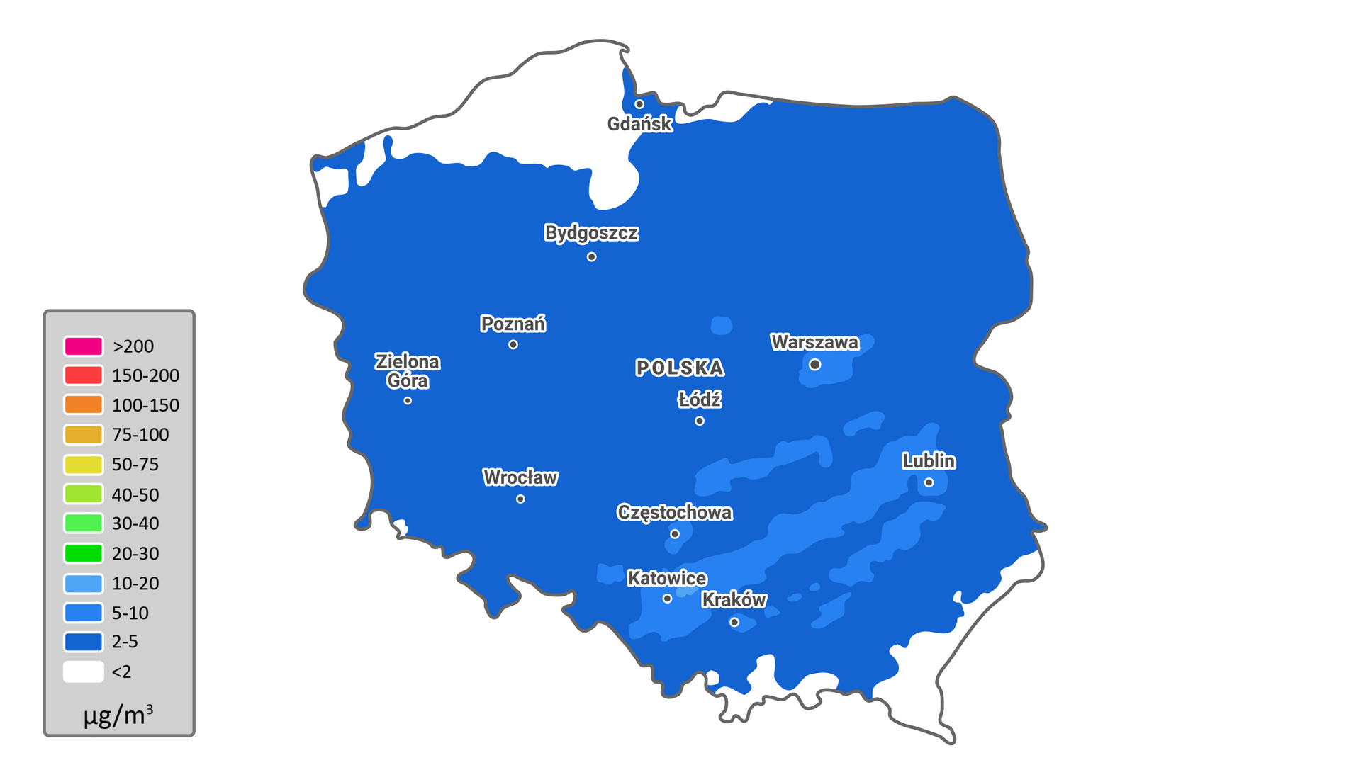 Ilustracja przedstawia mapę Polski z ukazanym stężeniem tlenku azotu(IV) w powietrzu. Najwyższe stężenie, zakres 2‑20    μ        g           /                  m                 3          występuje w okolicach: Gdańska, Zielonej Góry, Poznania, Bydgoszczy, Wrocławia, Częstochowy, Łodzi, Warszawy, Krakowa, Lublina, Katowic.