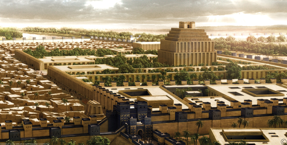 Ilustracja przedstawia miasto zbudowane z kamienia. U dołu ilustracji znajduje się wysoki mur, a w jego centralnej części znajduje się czarna, wysoka brama.