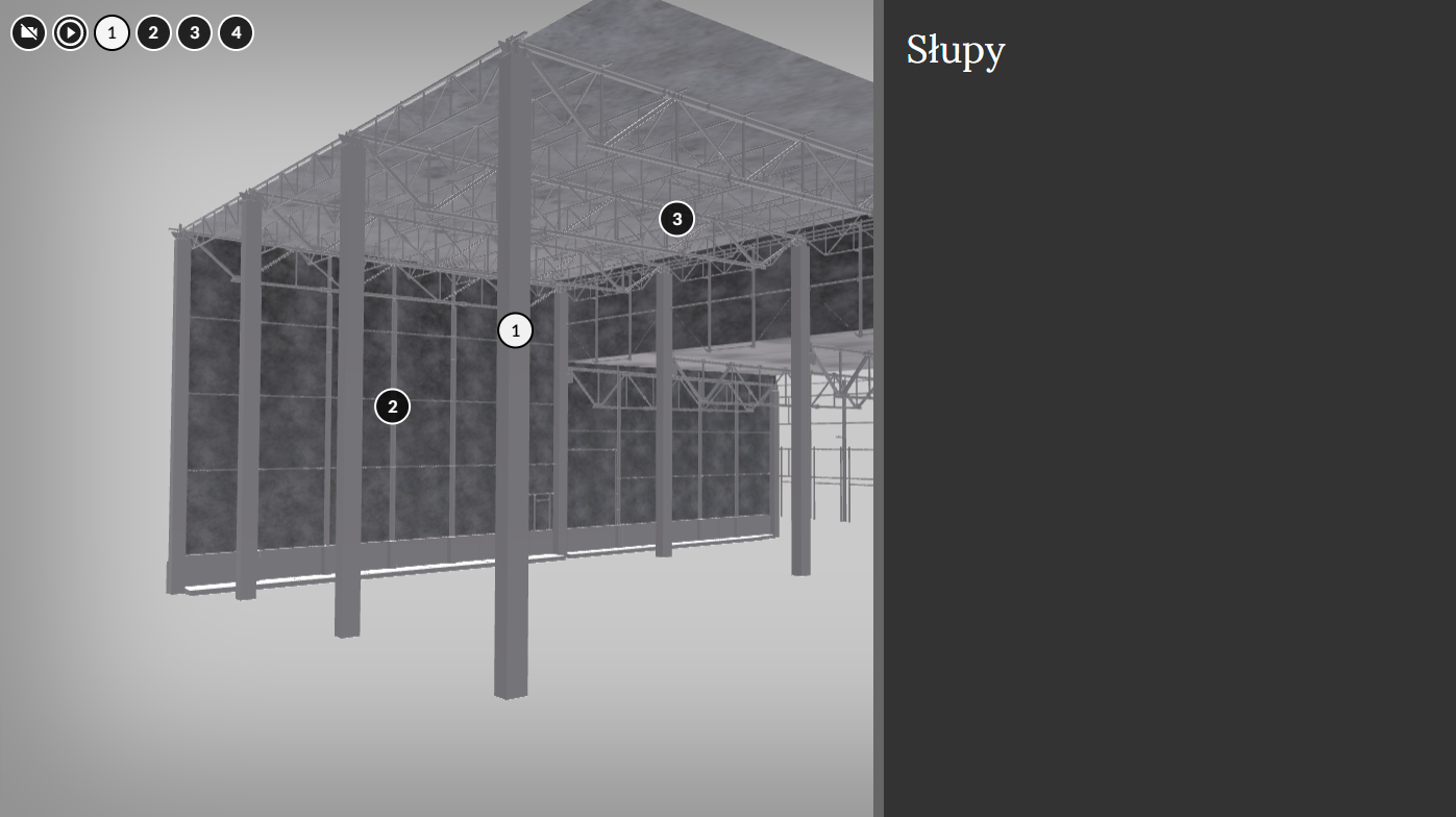 Grafika przedstawia przykładowy wygląd wizualizacji. Widoczny jest jeden z typów hal w 3D. Na rysunku widoczne są okrągłe ponumerowane znaczniki. Kliknięcie znacznika powoduje otwarcie okna z nazwą. Po prawej stronie ekranu znajduje się okno z nazwą wybranego elementu.