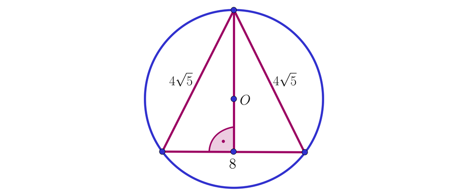  Ilustracja przedstawia trójkąt wpisany w okrąg. Środek okręgu podpisano literą O. Punk o leży na wysokości trójkąta opuszczonej na bok o długości osiem. Pozostałe boki trójkąta mają długość cztery pierwiastek kwadratowy z pięć koniec pierwiastka.