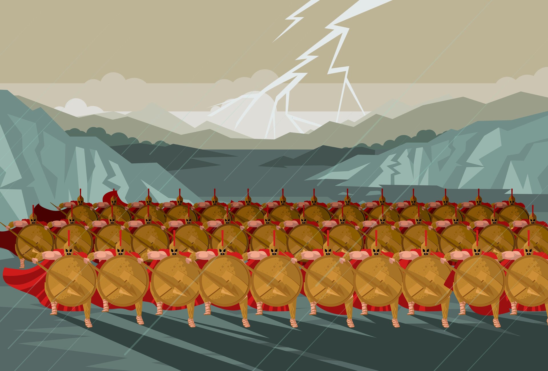 Ilustracja przedstawia falangę – formację zbrojną starożytnej Grecji. Żołnierze stoją jeden obok drugiego wzajemnie osłaniając się tarczami. Na ilustracji trzy rzędy postaci stojących w przełęczy pomiędzy górami.