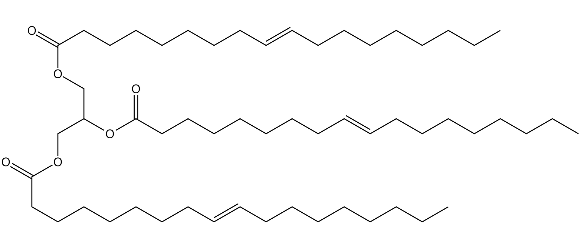 Ilustracja przedstawiająca wzór kreskowy trioleinianu glicerolu. Wszystkie atomy węgla i wodoru przedstawiono w formie szkieletowej, to znaczy zaprezentowano w postaci łamanych, w których każde załamanie, tworzące kąt sto dwadzieścia stopni odpowiada atomowi węgla podstawionemu odpowiednią ilością atomów wodoru, zaś kreski stanowią tradycyjnie wiązania. Zatem wzór kreskowy jest następujący. Cząsteczka składa się z trójwęglowego łańcucha glicerolu składającego się z dwóch kresek. Od każdego z trzech punktów załamania, to jest atomów węgla odchodzi kreska łącząca atomy węgla z atomami tlenu O. Wspomniane atomy tlenu łączą się za pomocą pojedynczego wiązania z atomem węgla, a atom węgla łączy się za pomocą wiązania podwójnego, to jest dwóch kresek z atomem tlenu. Każdy z atomów węgla grupy estrowej łączy się ponadto z łańcuchem węglowodorowym składającym się z łamanej utworzonej przez siedemnaście kolejno połączonych ze sobą kresek, co odpowiada siedemnastu atomom węgla, pomiędzy dziewiątym a dziesiątym atomem węgla znajduje się wiązanie podwójne, co reprezentuje podwójna kreska. 