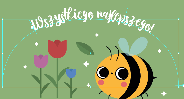 Ilustracja przedstawia niedokończoną kartkę okolicznościową. Na kartce ustawiony jest niebieski łuk, lekko spłaszczony od góry. Na łuku jest biały stylizowany napis Wszystkiego Najlepszego.