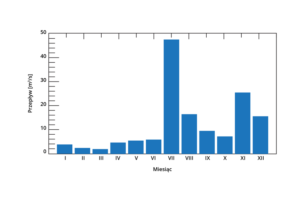 Wykres słupkowy przedstawia przepływ wody w metrach sześciennych na sekundę (m³/s) w różnych miesiącach roku. Oś pozioma oznaczona jest jako 'Miesiąc' i zawiera skróty nazw miesięcy od I do XII. Oś pionowa oznaczona jest jako 'Przepływ [m³/s]' i obejmuje zakres od 0 do 30. Najwyższy przepływ wody występuje w miesiącu V, osiągając wartość około 28 m³/s. Najniższy przepływ wody występuje w miesiącach IX, X i XI, osiągając wartości poniżej 5 m³/s.

