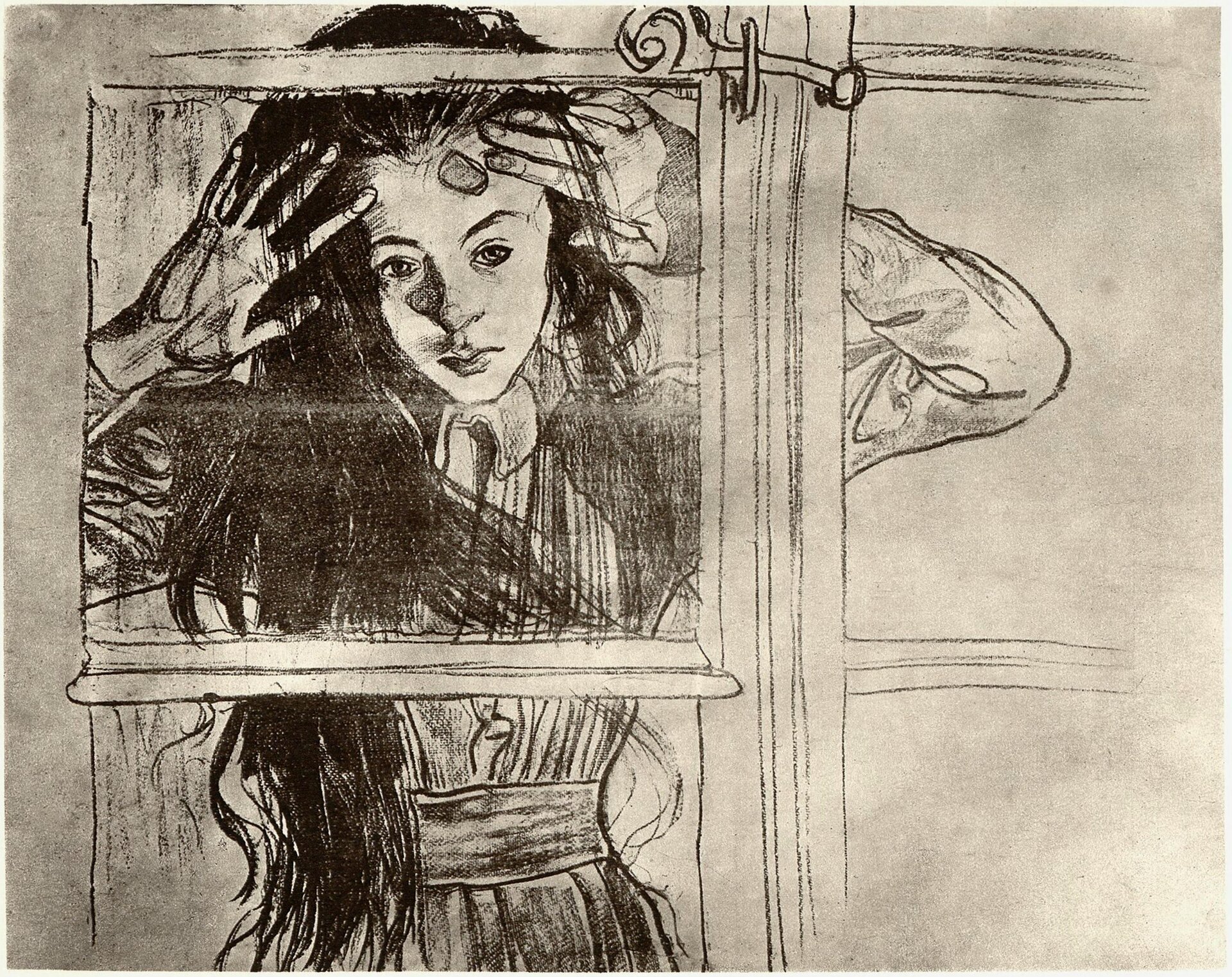 Rysunek przedstawia okno, zza którego widoczna jest kilkuletnia, długowłosa dziewczynka. Dziecko wygląda przez okno. Opiera uniesione ręce o szybę. Jest zapatrzone w dali i zamyślone.