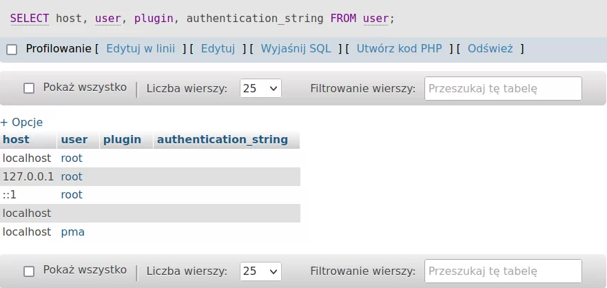 Przykładowe wyniki zapytania wybierającego dane z tabeli user. host: localhost; user: root, host: 127.0.0.1, user: root, host: ::1, host: localhost, user: pma.
