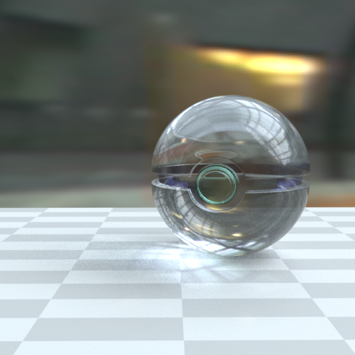 Render  przedstawia kulę stojącą na szaro‑białej szachownicy.  Kula ta to pokeball  z wypolerowanego, przezroczystego materiału przypominającego szkło.  