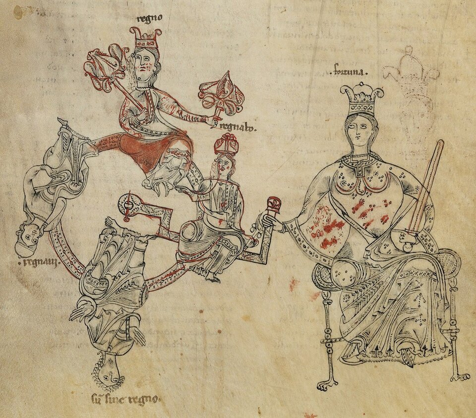 Rycina przedstawia siedzącą na tronie kobietę w koronie, z mieczem w lewej dłoni. Kobieta kręci kołem, na którym osadzone są cztery postacie króla.