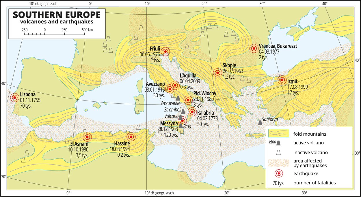 Mapa przedstawiająca wulkany, miejsca trzęsień ziemi w Europie Południowej (Southern Europe volcanoes and earthquakes) oraz liczbę ofiar śmiertelnych, number of fatalities w tysiącach. Mapa obejmuje tereny Europy Południowej oraz Północnej Afryki. Wśród miejsc trzęsień ziemi wymieniono w Europie Południowej: Lizbona, trzęsienie 01.11.1755, liczba ofiar 70 tysięcy, Friuli, l'Aquilla, trzęsienie 06.04.2009, liczba ofiar 0,3 tysiąca, Avezzano, trzęsienie 03.01.1945, liczba ofiar 30 tysięcy, Messyna, trzęsienie 28.12.1908, liczba ofiar 120 tysięcy Kalabria, trzęsienie 04.02.1773, liczba ofiar 50 tysięcy, Skopje, trzęsienie 26.07.1963, liczba ofiar 1,2 tysiąca,  Vrancea (Bukareszt), trzęsienie 04.03.1977, liczba ofiar 2 tysiące, Izmit (Turcja), trzęsienie 17.08.1999, liczba ofiar 17 tysięcy oraz w Afryce Północnej: El Asnam, trzęsienie 10.10.1980, liczba ofiar 3,5 tysiąca i Hassine, trzęsienie 18.08.1994, liczba ofiar 0,2 tysiąca .Wskazano także wulkany: Etna, Stromboli, Wezuwiusz, Santoryn. 