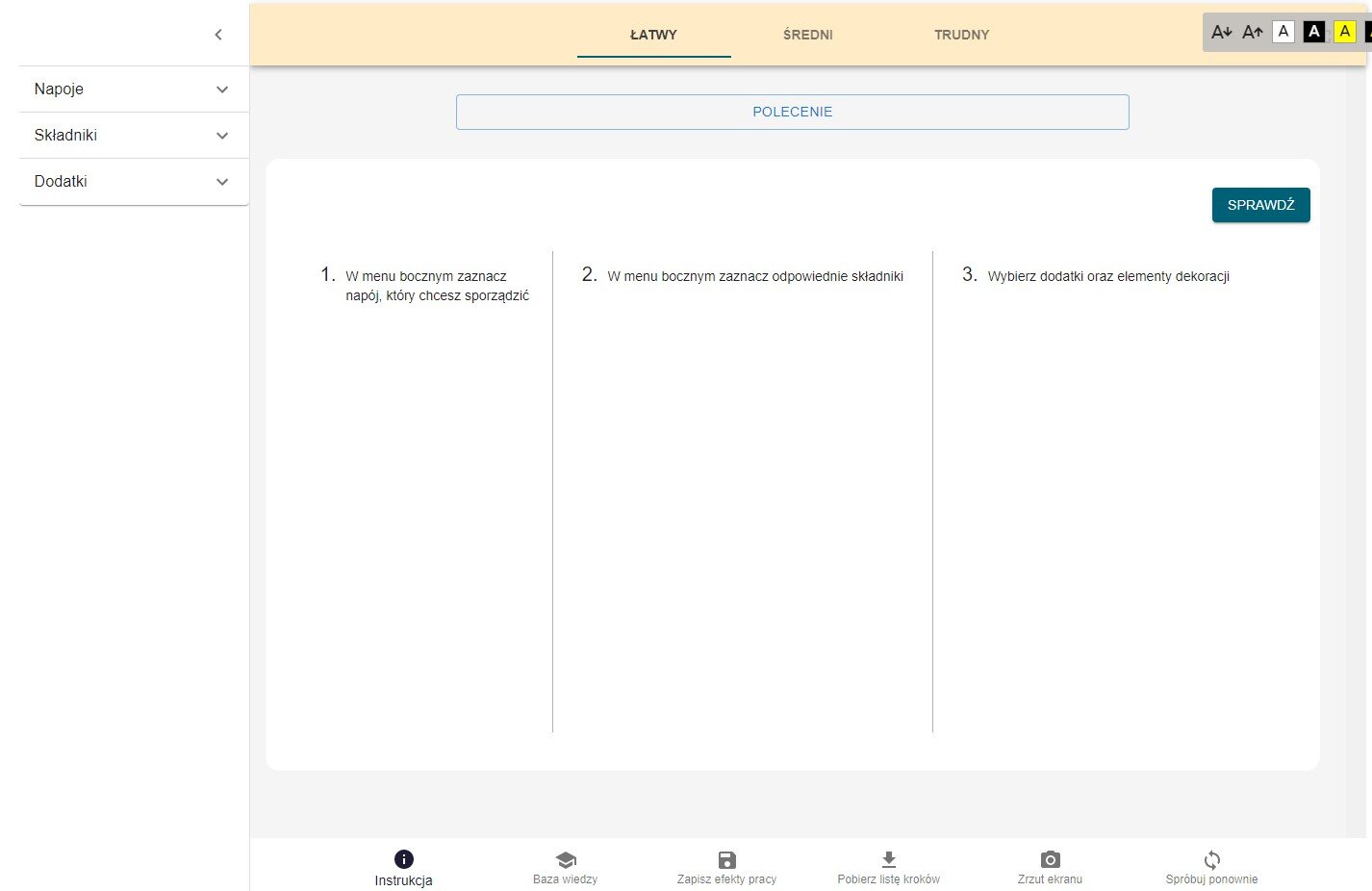 Grafika przedstawia przykładowy widok programu ćwiczeniowego zatytułowanego Program ćwiczeniowy do projektowania przez dobieranie urządzeń i zastawy stołowej do napojów zimnych i gorących.