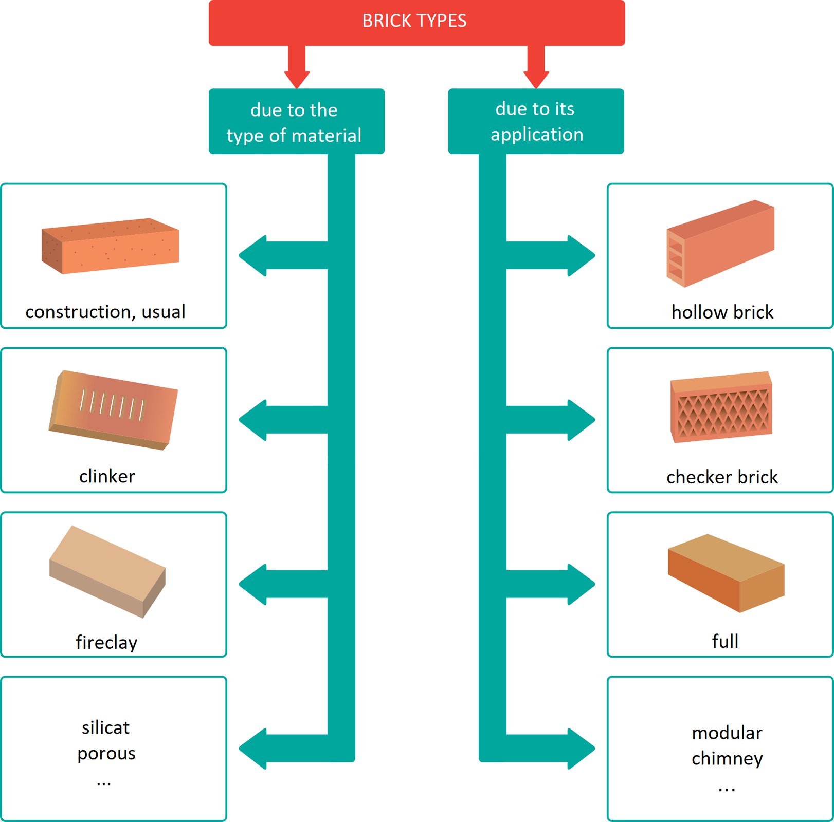 Ilustracja przedstawia klasyfikację rodzajów cegieł, brick types, z przykładowymi ilustracjami. W górnej części planszy znajduje się czerwony pasek z napisem Rodzaje cegieł, od którego odchodzą dwie strzałki do zielonych prostokątów z napisami: Ze względu na rodzaj materiału (due to the type of material) po lewej stronie oraz ze względu na zastosowanie (due to its application) po prawej. Od kolumny po lewej stronie odchodzą trzy strzałki do prostokątów zawierających ilustracje i nazwy trzech rodzajów cegieł: zwykłych budowlanych construction, usual, klinkierowych clinker i szamotowych fireclay oraz ostatniej ramki bez zdjęcia, zawierającego pozostałe rodzaje: silikatowe silicat, poryzowane porous i inne. Podobnie od kolumny po prawej stronie odchodzą trzy strzałki do prostokątów z ilustracjami. Są cegły dziurawki hollow brick, kratówki checker brick i pełne full. Ostatnia ramka zawiera krótką, otwartą listę innych rodzajów cegieł: modularne modular, kominowe chimney i inne. 