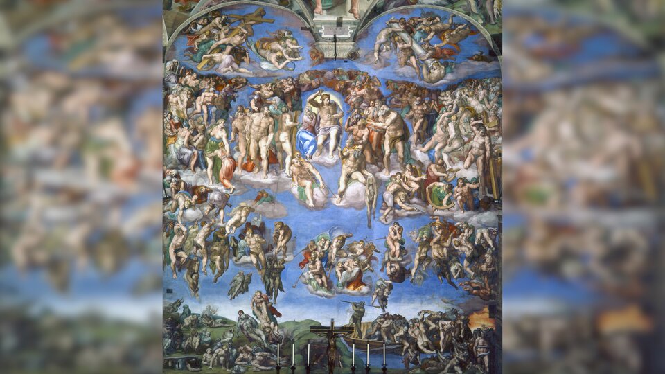 Obraz przedstawia niebo z wieloma postaciami. W centralnej części obrazu ukazany jest Chrystus w świetlistej powłoce. Otaczają go osoby zbawione oraz święci. Po jego prawicy siedzi Matka Boża. Poniżej znajduje się święty Bartłomiej męczennik trzymający swoją zdartą skórę, która jest autoportretem Michała Anioła. Po prawej siedzi święty Wawrzyniec. Poniżej znajduje się sześciu aniołów grający na trąbach budząc zmarłych z grobów. W dolnej części, po prawej stronie ukazana jest droga do piekła. Tu ciemna postać na łodzi (Charon) prowadzi ich do chaosu. Na drugim planie są tłumy ludzi zbawionych. Otaczają one Chrystusa. 