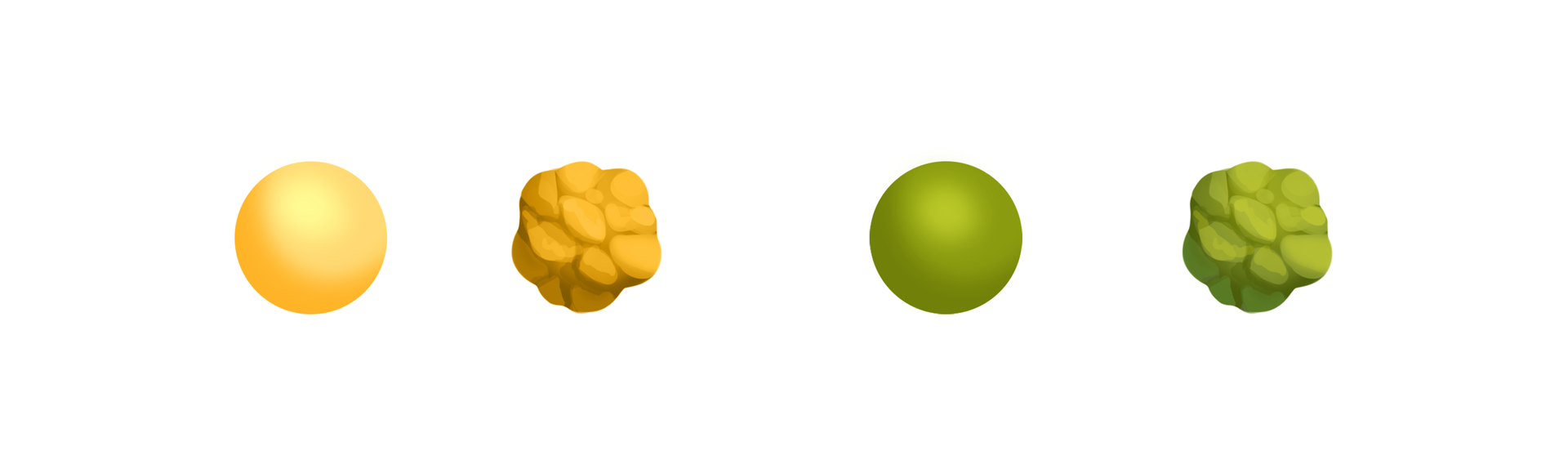Ilustracja przedstawia cztery fenotypy nasion uzyskane w pokoleniu F2. To żółta kulka, ziarnista żółta kulka, zielona kulka, zielona ziarnista kulka. 