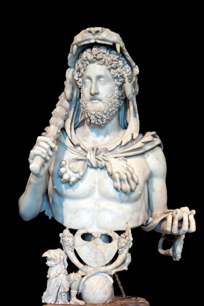 Zdjęcie przedstawia popiersie wyrzeźbione w kamieniu. To portret Kommodusa jako Herkulesa. Odziany jest w skórę lwa, jego szczęka pełni funkcję kaptura. Na piersi przewiązany łapami. W prawej ręce trzyma maczugę.   