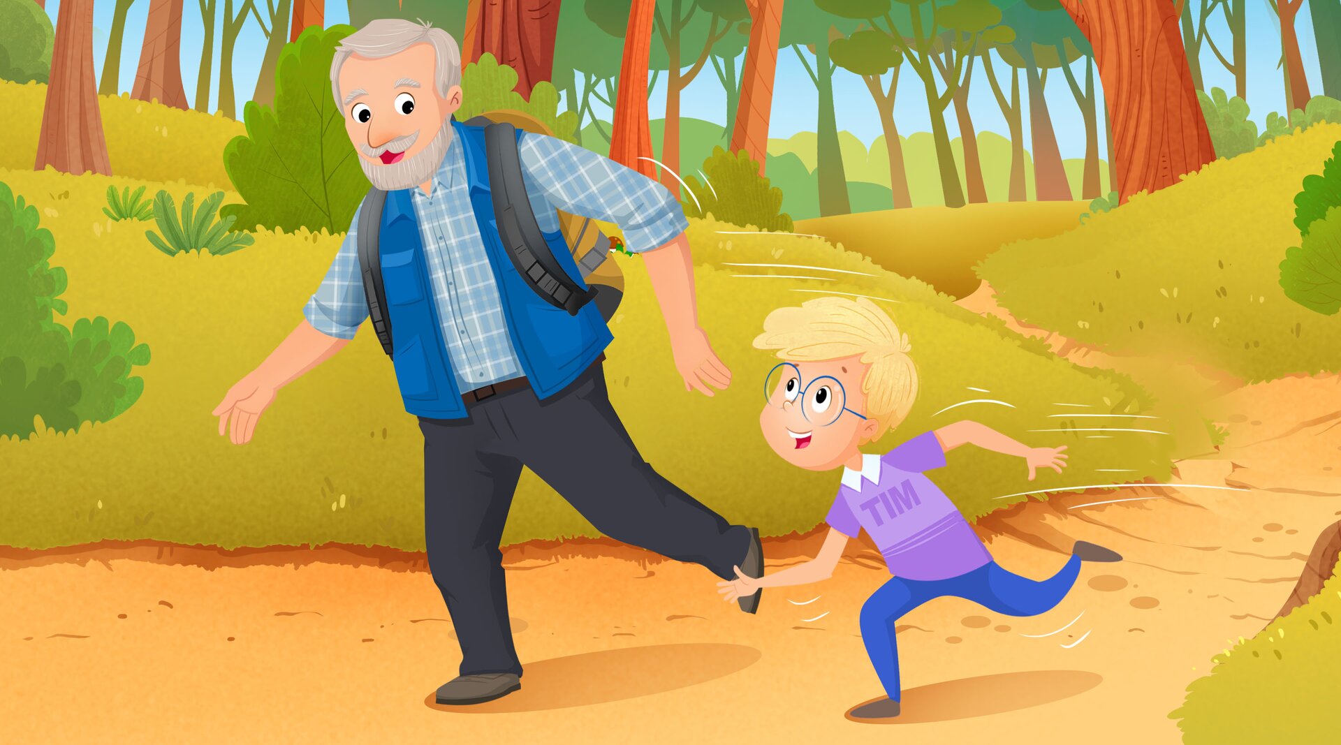 Na ilustracji znajdują się Tim i jego dziadek, którzy biegają po lesie.