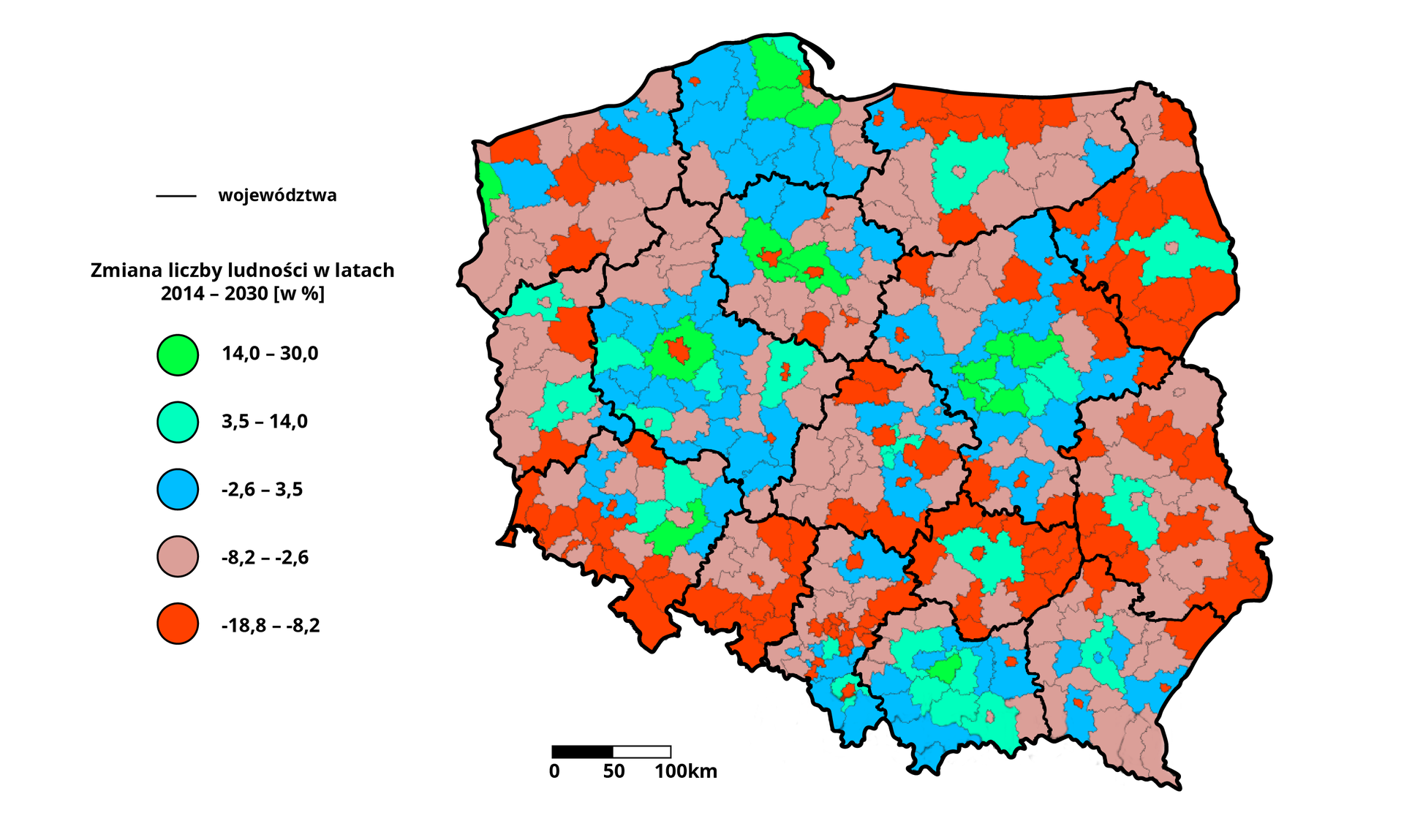 Mapa Polski przedstawia zmianę liczby ludności w latach 2014‑2030. Wartości od 14 do 30% występują w okolicach Gdańska oraz Warszawy. Wartości od 3,5 do 14% występują w okolicach dużych miast wojewódzkich. Wartości od minus 2,6 do 3,5% występują głównie w województwie pomorskim, wielkopolskim, mazowieckim, małopolskim. Wartości od minus 8,2 do minus 2,6% występują głównie w województwie zachodniopomorskim, lubuskim, podkarpackim, łódzkim, lubelskim. Wartości od minus 18,8 do minus 8,2% występują głównie w województwie podlaskim, świętokrzyskim, opolskim, dolnośląskim.