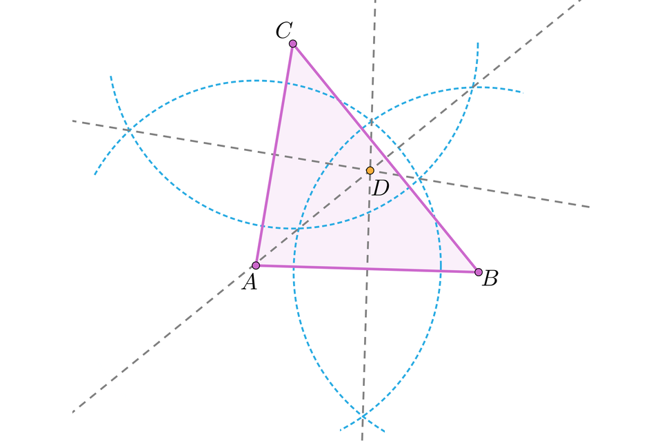 Ilustracja przedstawia trójkąt A B C. Z każdego wierzchołka narysowano łuk o takim samym promieniu. Przez wierzchołki oraz punkty przecięcia się łuków liniami przerywanymi poprowadzono proste. Punkt przecięcia się prostych zaznaczono literą D.