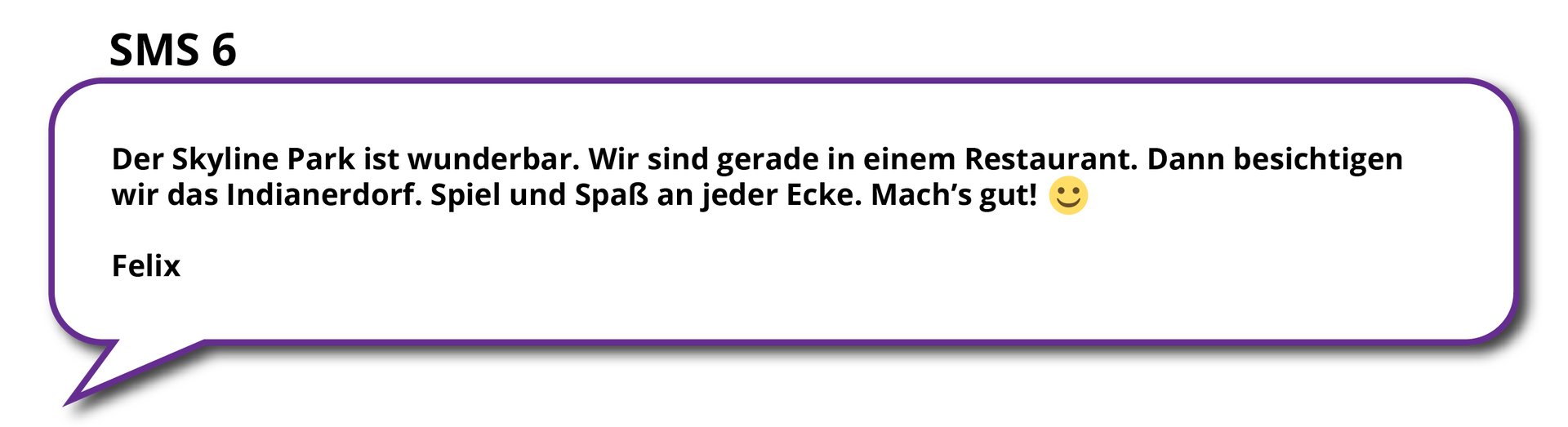 6.Ilustracja przedstawia ramkę w kształcie chmurki, typową dla treści SMS, zawierającą wiadomość tekstową. Treść dostępna w transkrypcji.  