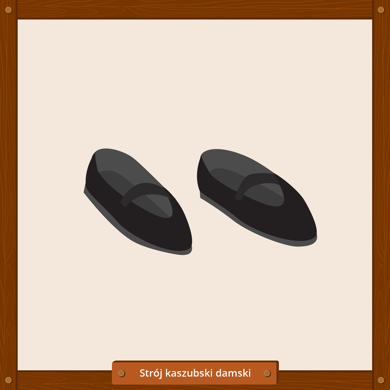 Ilustracja przedstawia element stroju kaszubskiego damskiego, jakim są czarne wsuwane buty.