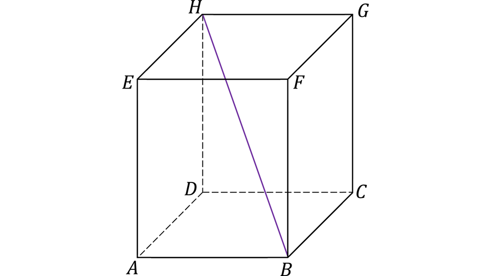 Rysunek przedstawia prostopadłościan, w którym wierzchołki oznaczono literami. Wierzchołki dolnej podstawy to: A (przedni lewy), B (przedni prawy), C (tylny prawy), D (tylny lewy). 
Wierzchołki górnej podstawy to: E (górny przedni lewy, nad A), F (górny przedni prawy, nad B), G (górny tylny prawy, nad C), H (górny tylny lewy, nad D).
Wewnątrz figury narysowany jest pogrubiony odcinek łączący wierzchołki H (górny tylny lewy) i B (dolny przedni prawy). 
