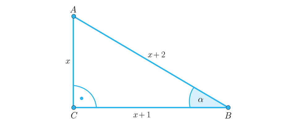 Rysunek przedstawia trójkąt prostokątny A B C o podstawie x, plus, jeden, która jest jednocześnie bokiem C B, o pionowej przyprostokątnej x, która jest bokiem A C oraz o przeciwprostokątnej x, plus, dwa, która jest bokiem B A. Na ilustracji zaznaczono dwa kąty wewnętrze trójkąta. Przy wierzchołku C znajduje się kąt prosty, przy wierzchołku B znajduje się kąt alfa.