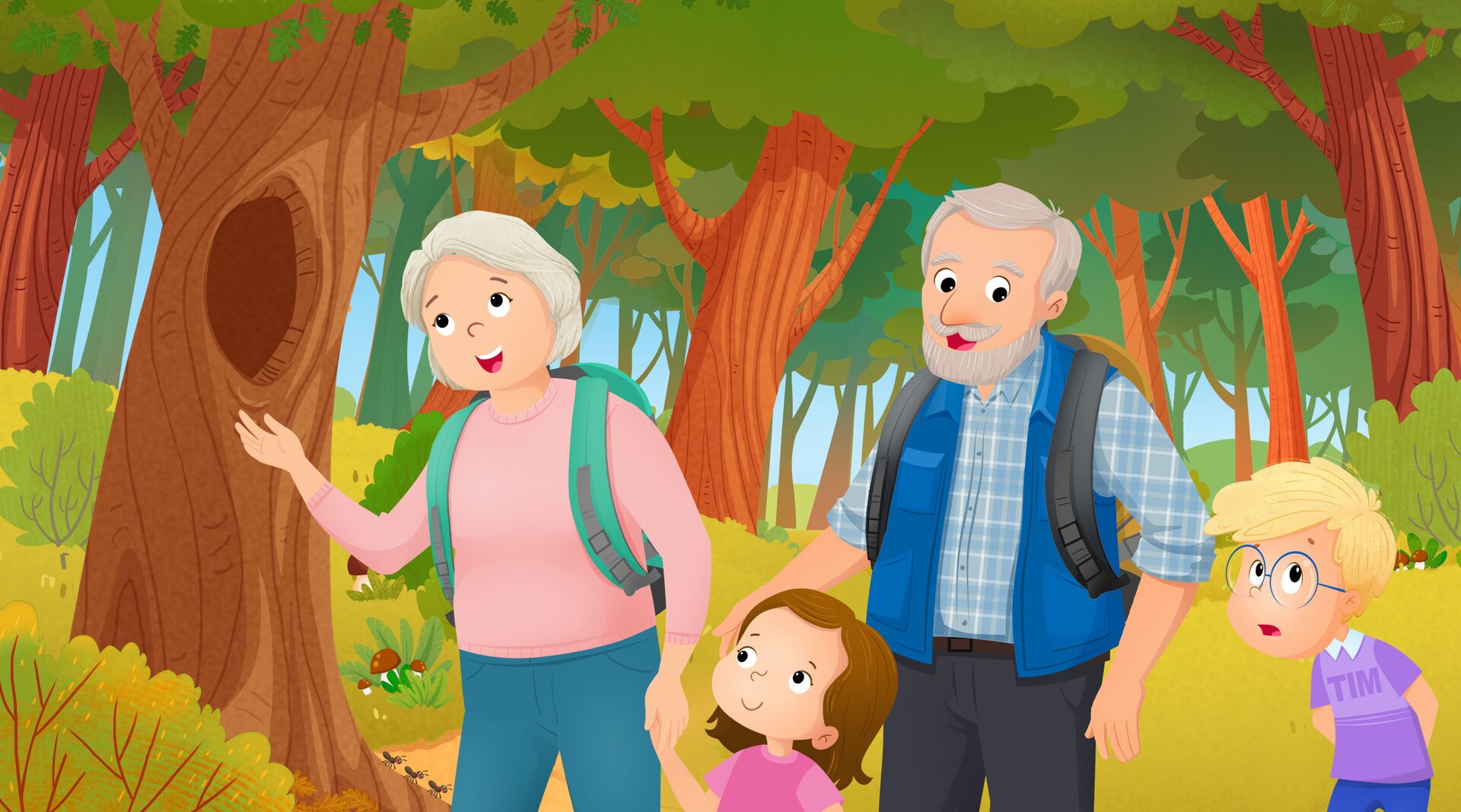 Na ilustracji znajdują się dzieci i dziadkowie spacerujący w lesie.