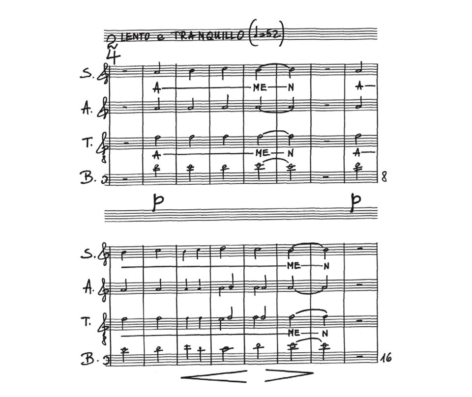 Ilustracja przedstawia zapis nutowy utworu Amen Henryka Mikołaja Góreckiego.Utwór zapisany jest na cztery głosy chóralne: sopran (S.), alt (A.), tenor (T.) i bas (B.). Tenor zapisany jest w kluczu wiolinowym z ósemką (oktawa niżej). Partytura jest rękopiśmienna. Utwór rozpoczyna się w metrum 2/4, z tempem Lento e tranquillo. W dalszej części pojawia się zmiana tempa na poco avanti z oznaczeniem espressivo. Jedyne słowo to „Amen", rozbite sylabicznie na „A–ME–N", powtarzane przez cały utwór we wszystkich głosach. Utwór rozpoczyna się w dynamice piano, następnie w okolicach taktu 33 pojawia się crescendo, które prowadzi do fortissimo osiągniętego około taktu 57–65. Końcowy fragment (ostatnia strona) przynosi wyciszenie przez mezzo forte do piano, zamykając utwór spokojnie. Początkowo faktura jest prosta, oparta na długich wartościach nutowych (półnuty, całe nuty) z pauzami. W miarę rozwoju utwór zagęszcza się i pojawiają się krótsze wartości, chromatyczne alteracje (krzyżyki) oraz coraz gęstsze współbrzmienia we wszystkich głosach równocześnie. Rytmika jest jednorodna i powtarzalna, oparta na stopniowych przekształceniach tego samego motywu.