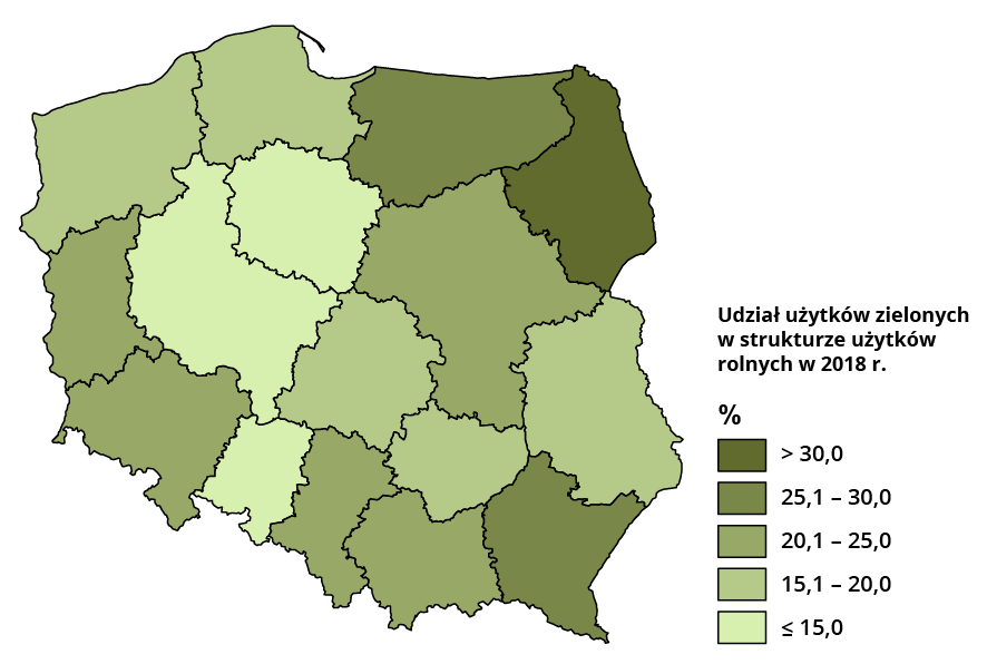 Mapa Polski przedstawia udział użytków zielonych. Powyżej 30% wystąpiło w województwie podlaskim. Od 25,1 do 30% wystąpiło w województwie warmińsko mazurskim i podkarpackim. Od 20,1 do 25% wystąpiło w województwie małopolskim, śląskim, dolnośląskim, lubuskim, mazowieckim. Od 15,1 do 20% wystąpiło w województwie lubelskim, świętokrzyskim, łódzkim, zachodniopomorskim, pomorskim. Poniżej 15% wystąpiło w województwie opolskim, wielkopolskim i kujawsko‑pomorskim.