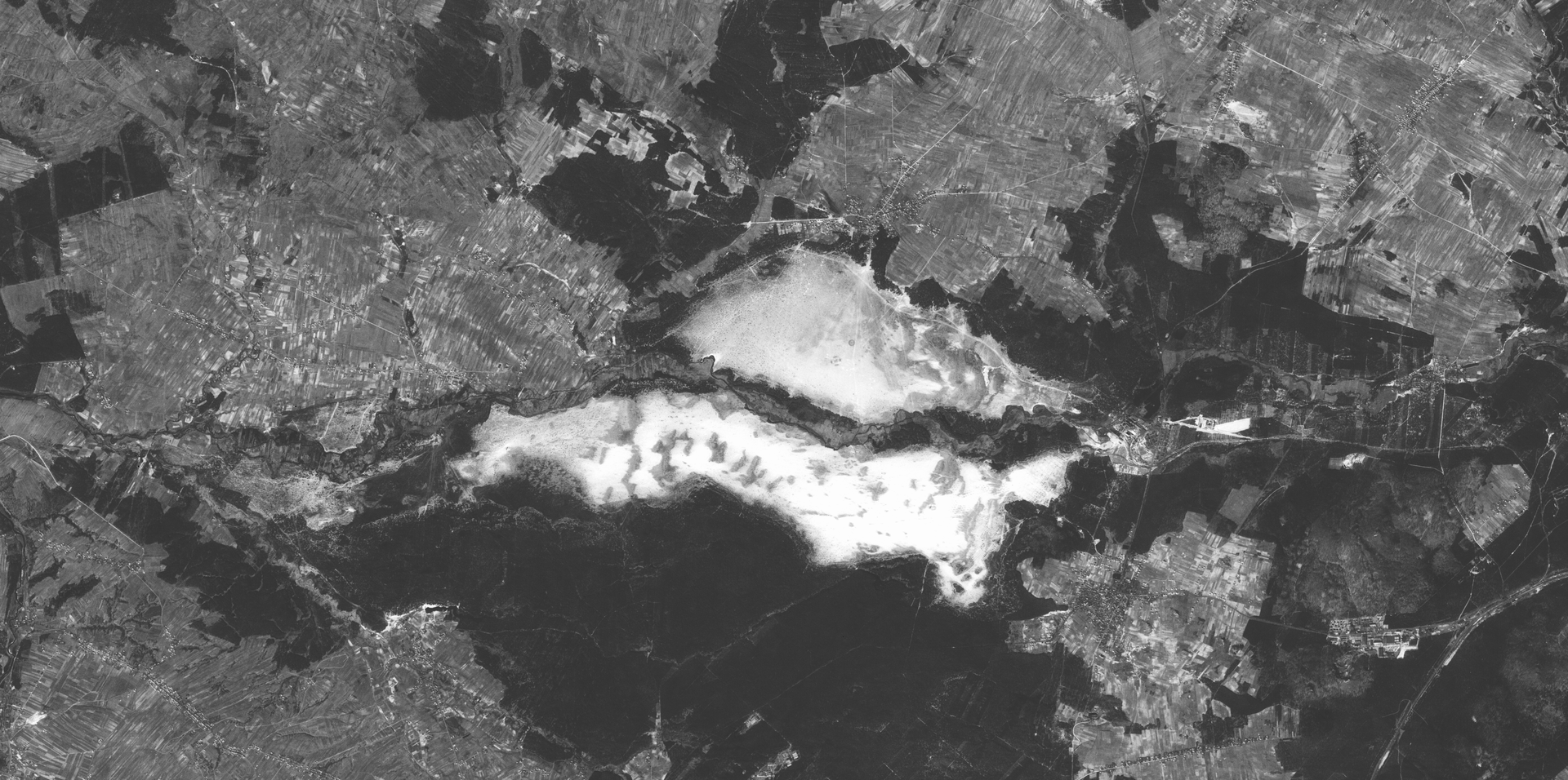 Zdjęcie satelitarne obszaru, w centrum którego znajduje się Pustynia Błędowska. Ma ona postać dwóch podłużnych, poziomych i równoległych względem siebie jasnych obszarów. Są oddzielone od siebie wąskim, ciemniejszym pasem teren.    