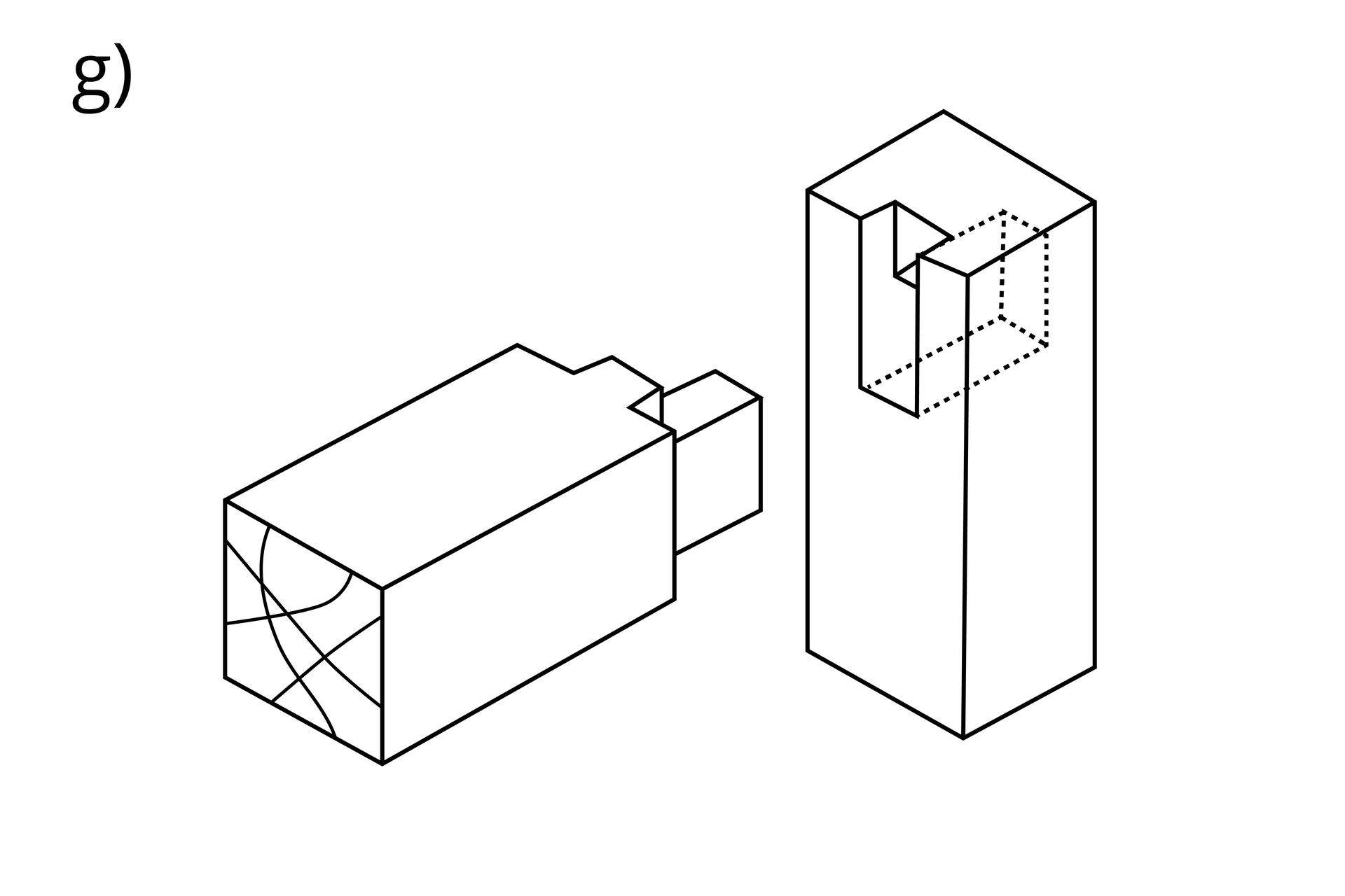 Ilustracja ukazuje złącze czopowe pojedyncze. Elementy łączą się pod kątem prostym. W jednym wycięty jest czop o prostokątnym przekroju, a w drugim gniazdo o kształcie odpowiadającym czopowi. Wycięcie nie przechodzi na wylot.