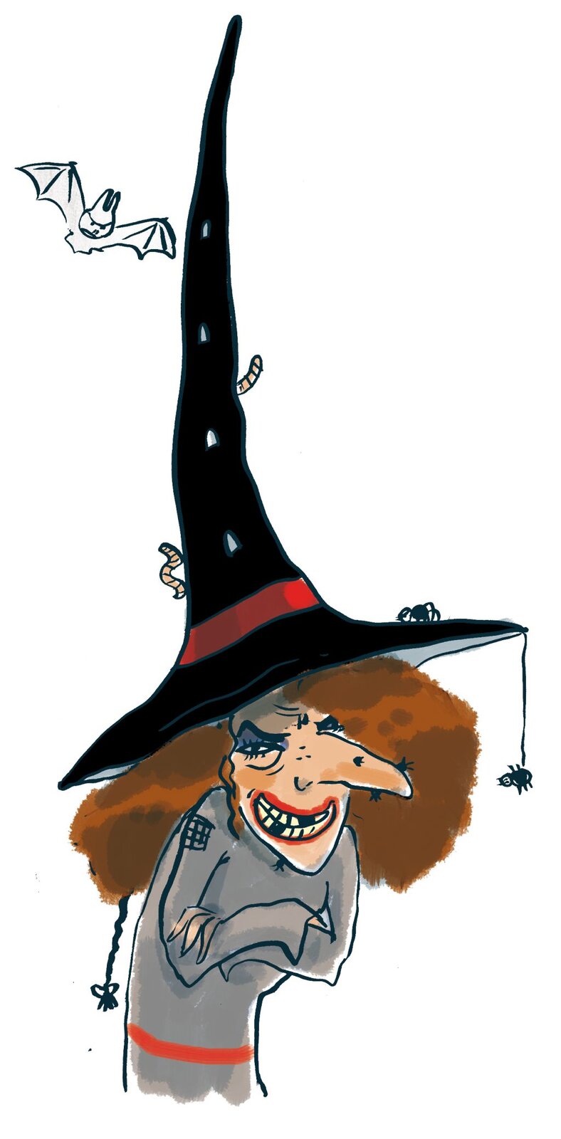 Rysunek przedstawia czarownicę w szarej sukni z czerwonym paskiem i łatką na ramieniu oraz dużym, czarnym, spiczastym kapeluszu z czerwoną obwódką. Czarownica stoi z założonymi rękoma. Jest roześmiana, widać zniszczone zęby i dwa ubytki. Ma długi nos, gęste, rude włosy. Z kapelusza wystają robaki i zwiesza się pająk. Nad głową czarownicy fruwa nietoperz.
