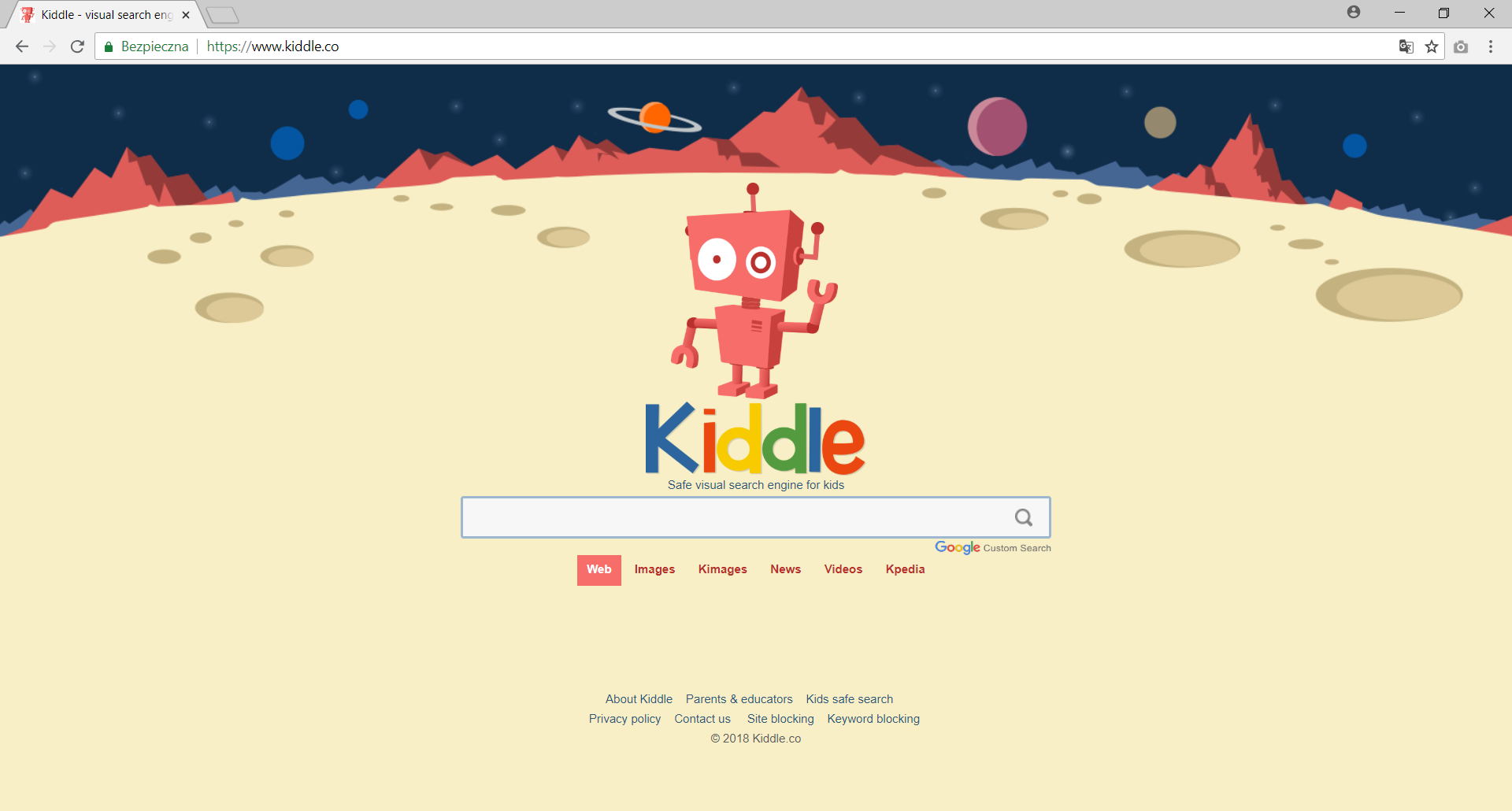 Ilustracja przedstawia wyszukiwarkę Kinddle. Adres strony: www.kiddle.co Wyszukiwarka wizualnie podobna do google. Słowo Kiddle napisane podobne - różnokolorowe litery.