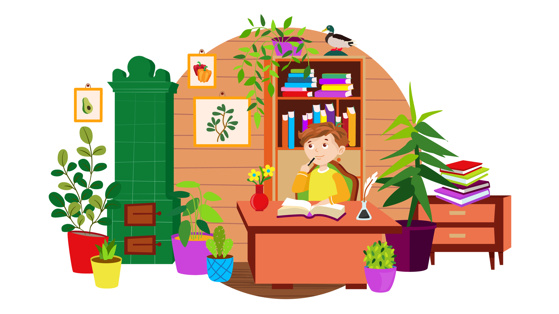 Ilustracja przedstawia pokój małego Juliana Tuwima. Po lewej stronie znajduje się zielony piec kaflowy, obok którego stoją cztery, różnej wielkości, kwiaty w kolorowych doniczkach. Na ścianie wiszą trzy obrazki w pomarańczowych ramkach: jeden z nich przedstawia awokado, drugi dwie papryki, żółtą i czerwoną, a trzeci fragment zielonej rośliny. W tle znajduje się wysoki regał z półkami, na których ułożono książki. Na regale stoi kwiat w fioletowej donicy oraz figurka samca kaczki krzyżówki. Po prawej stronie widać niską szafkę z dwiema szufladami, a na niej cztery książki ułożone jedna na drugiej. Obok szafki stoją dwa kwiaty w doniczkach: jeden bardzo duży, a drugi niewielki. W centralnej części ilustracji znajduje się biurko. Stoją na nim czerwony wazon z żółtymi kwiatami i kałamarz z tuszem i zamoczonym w nim piórem. Przy biurku siedzi na krześle mały Julian Tuwim. Ma krótkie, brązowe włosy, jest ubrany w żółtą koszulkę z długimi, pomarańczowymi rękawami. Trzyma w ręku przyrząd do pisania, którym w zamyśleniu dotyka swojego policzka. Przed Julianem jest rozłożona na biurku pusta książka, którą chłopiec przytrzymuje lewą ręką.