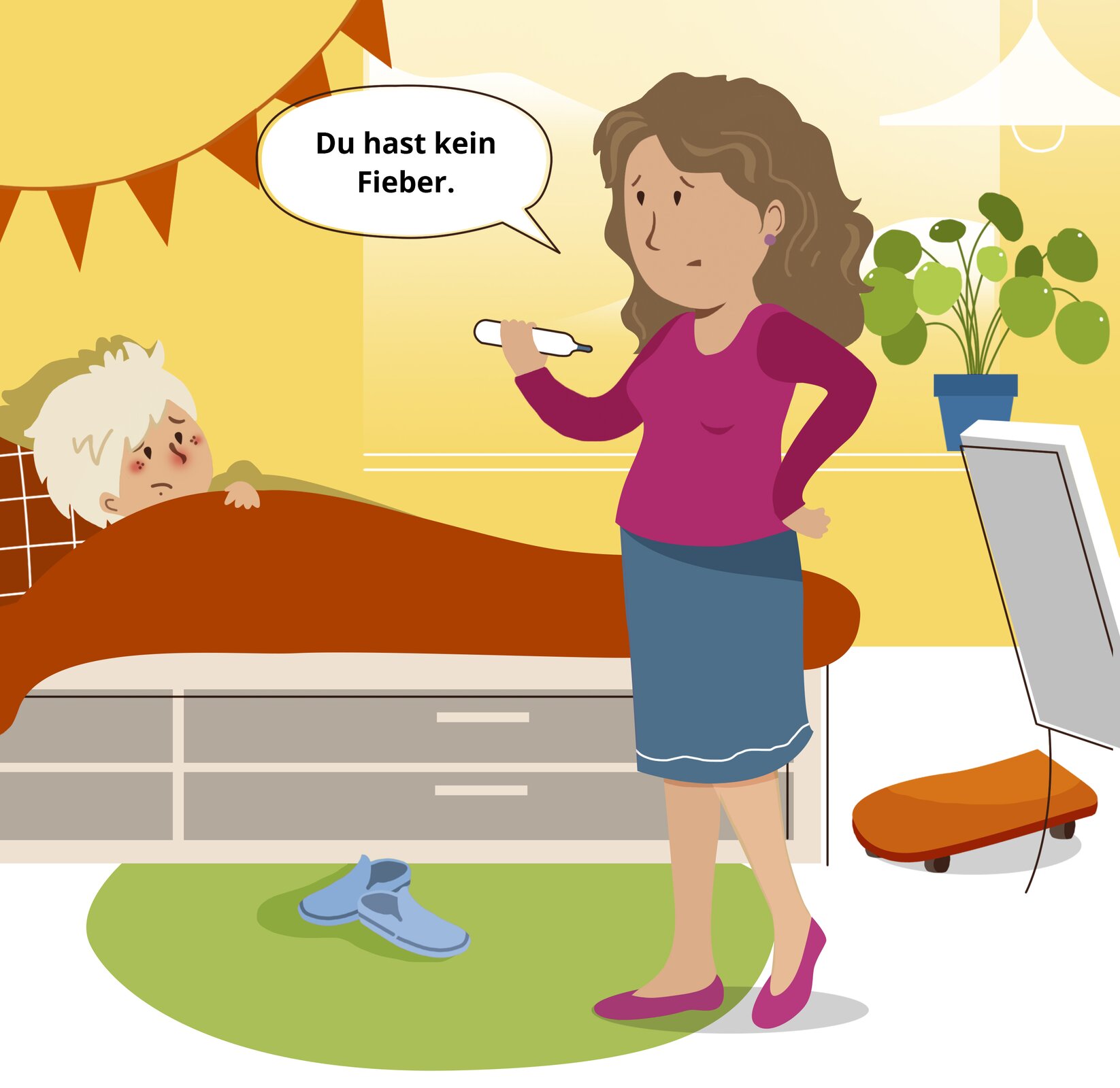 Ilustracja przedstawia ten sam pokój, co wcześniej. Mama Fabiana stoi i trzyma w ręku termometr. Chłopiec leży przykryty kocem i patrzy w stronę mamy. Nad kobietą jest dymek z następującą wypowiedzią: Du hast kein Fieber.