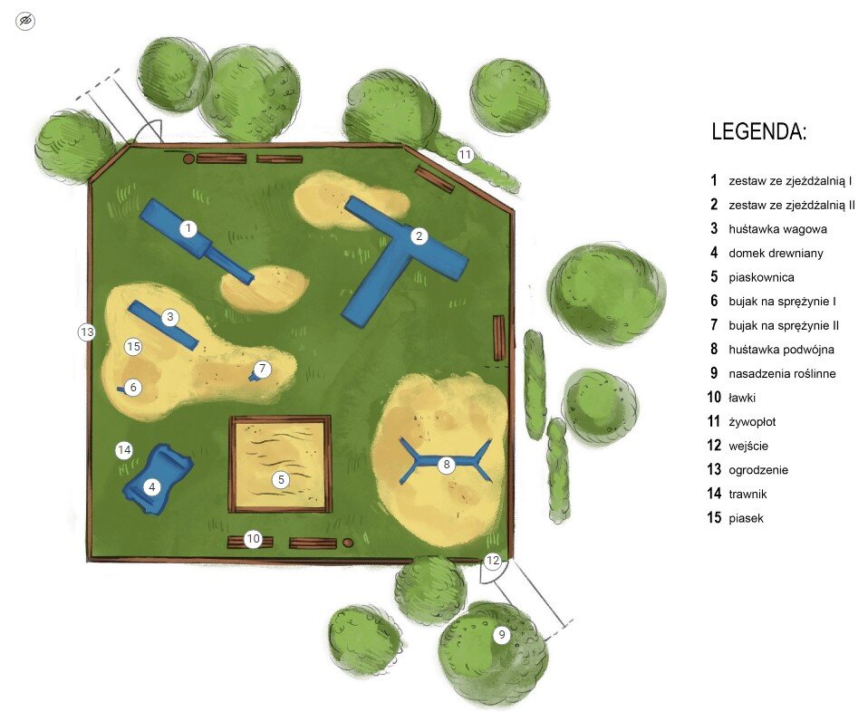 Ilustracja przedstawiająca przykładowy widok planszy interaktywnej. Jest to plan zagospodarowania placu zabaw, rzut od góry. Poszczególne elementy zostały oznaczone za pomocą białych kółek z czarnym obramowaniem, w których umieszczone zostały cyfry od jeden do dziewięć.  W lewym górnym rogu ekranu umieszczono ikonę w kształcie białego kółka z czarnym obramowaniem. W jego środku znajduje się przekreślone oko. 