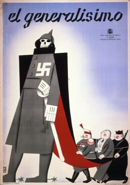 Plakat przedstawia nienaturalnie duża postać generała Franco. Mężczyzna zamiast twarzy ma czaszkę. Ubrany jest w mundur wojskowy, a na niego narzucony na ramiona płaszcz. Na prawej piersi ma dużą swastykę, u boku powieszoną szablę. Dół płaszcza niosą trzej nienaturalnie mali mężczyźni: wojskowy, finansista we fraku i ksiądz.