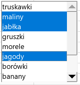 Ilustracja przedstawia komórki arkusza. Tam lista owoców. Na niebiesko podświetlono: maliny, jabłka, borówki. Po prawej stronie są strzałki: jedna w górę, druga w dół.   