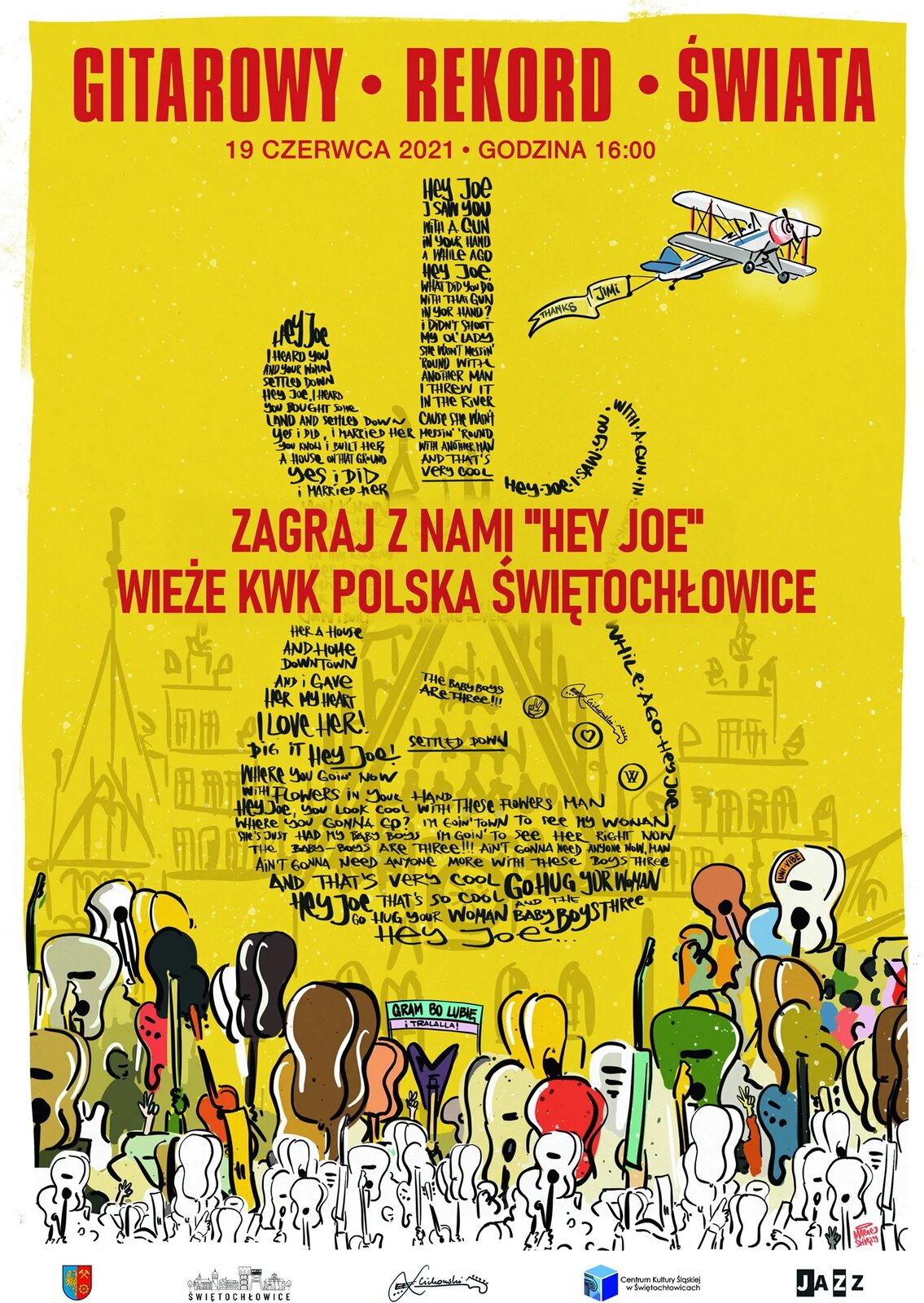 Grafika przedstawia plakat w przewadze żółtego koloru, na którym widnieją napisy w czerwonym kolorze zawiadamiające o próbie pobicia rekordu świata w graniu na gitarze. Rysunek zawiera informacje dotyczące daty oraz godziny i innych detali. Na samym dole zilustrowane zostały dziesiątki gitar w różnych kolorach, a z prawej strony od góry leci mały samolot, który ciągnie za sobą transparent, w którym zawarte są podziękowania.