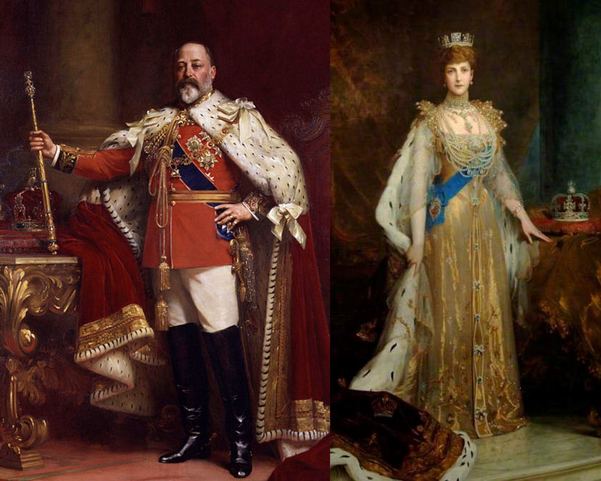 Ilustracja przedstawia obraz Luke Fildesa „Edward VII i Aleksandra w strojach koronacyjnych”. Z lewej strony obrazu znajduje się Edward VII w szatach, z berłem w ręku. Berło oparte jest na pięknie zdobionym stole. W tle widoczna jest korona. Ma czerwoną pelerynę w górnej części obszytą białym futrem w czarne małe kropki. Z prawej strony obrazu znajduje się Aleksandra w sukni koronacyjnej. Na głowie ma koronę, obok na poduszce również leży inna korona. Jest ubrana w długą, złotą suknię i pelerynę.