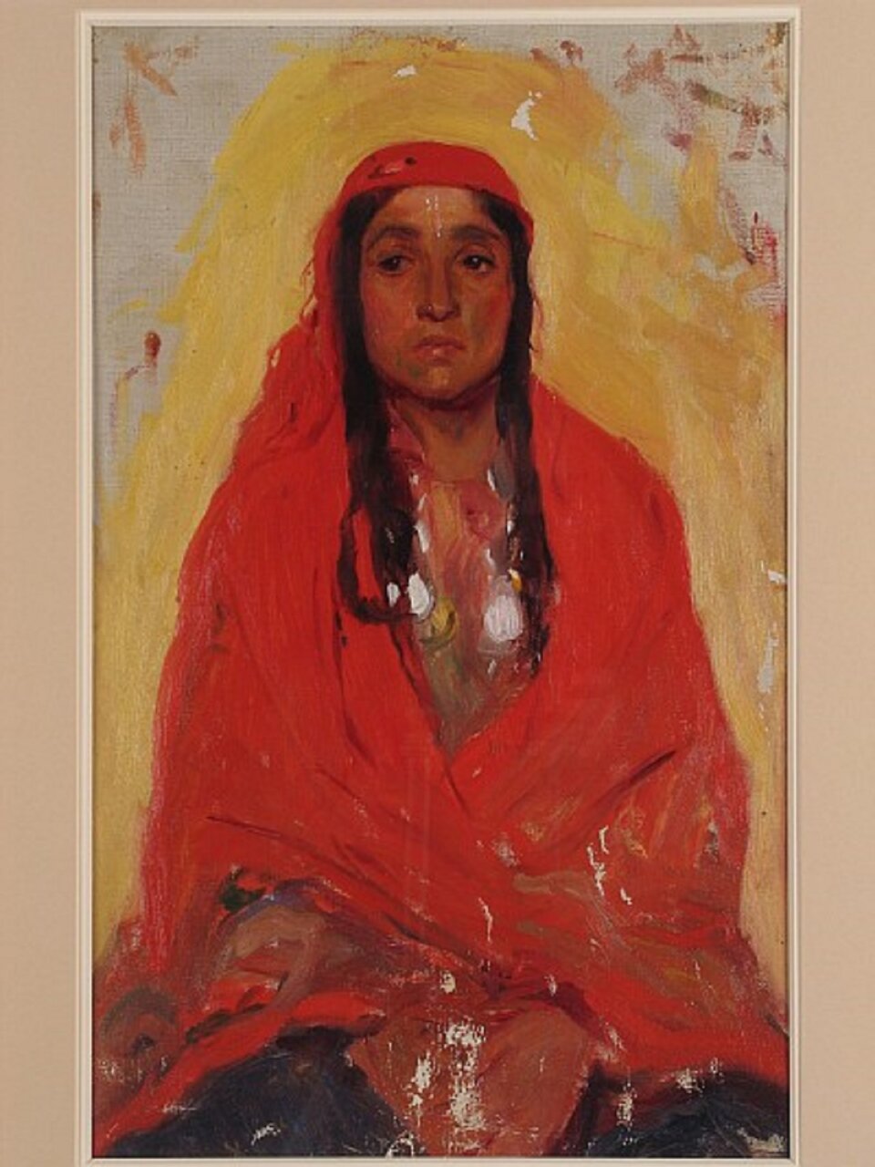 Ilustracja przedstawia obraz „Cyganka” autorstwa Wojciecha Weissa. Prezentowany portret przedstawia postać siedzącej Cyganki. Jej sylwetkę spowija obszerna czerwona chusta, która intensywnością czerwieni odcina się wyraźnie od kompozycji i kontrastuje z żółtą i delikatnie seledynową barwą tła otaczającego całą postać. Cyganka ukazuje jedną z dłoni a drugą trzyma schowaną pod materiałem chusty. Czarne warkocze sięgają jej piersi i odsłaniając jednocześnie śniadą cerę.