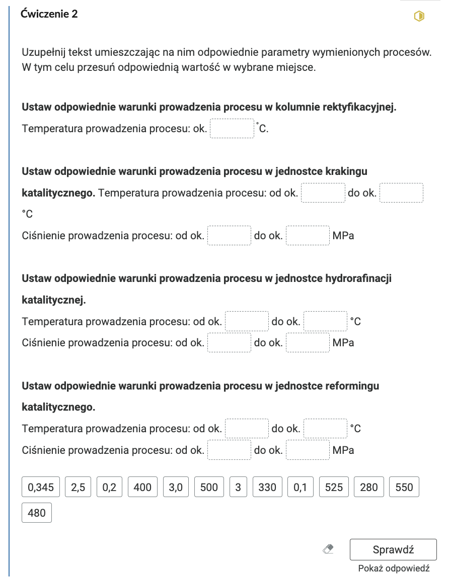 Ilustracja przedstawia przykładowe ćwiczenie z rozdziału Interaktywne materiały sprawdzające. Ćwiczenie polega na uzupełnieniu luk w tekście. 