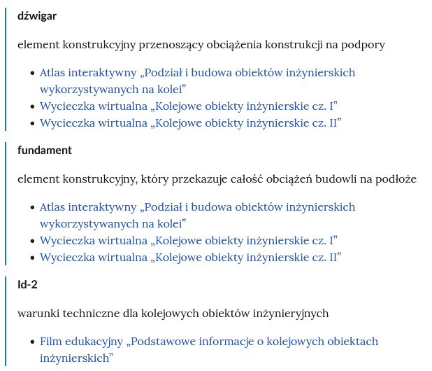 Zrzut ekranu przedstawia kilka pojęć ze Słownika. Konstrukcja jest następująca: pojęcie, poniżej jego wyjaśnienie, a pod nim znajduje się link, po którego kliknięciu użytkownik przenosi się do rozdziału w tym materiale, w którym dane pojęcie jest wykorzystywane. Linków może być jeden lub kilka, w zależności od tego, w ilu rozdziałach użyto pojęcia.