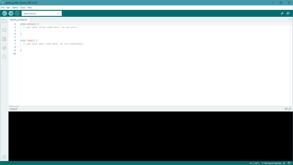 Na zrzucie ekranu widoczny jest interfejs programu Arduino IDE. W górnej części okna znajduje się pasek menu, pasek narzędzi z ikonami i rozwijanym menu wyboru płytki („Select Board”). W głównej części widać edytor kodu ze szkicem o nazwie „sketch_jul24a.ino”, zawierającym przykładowe funkcje setup() i loop() z domyślnymi komentarzami. W dolnej części ekranu znajduje się czarne okno wyjścia (Output), w którym wyświetlane są komunikaty dotyczące instalacji i pobierania bibliotek Arduino: Firmata, Keyboard, LiquidCrystal oraz SD. Po prawej stronie paska statusu znajduje się komunikat „No board selected”.