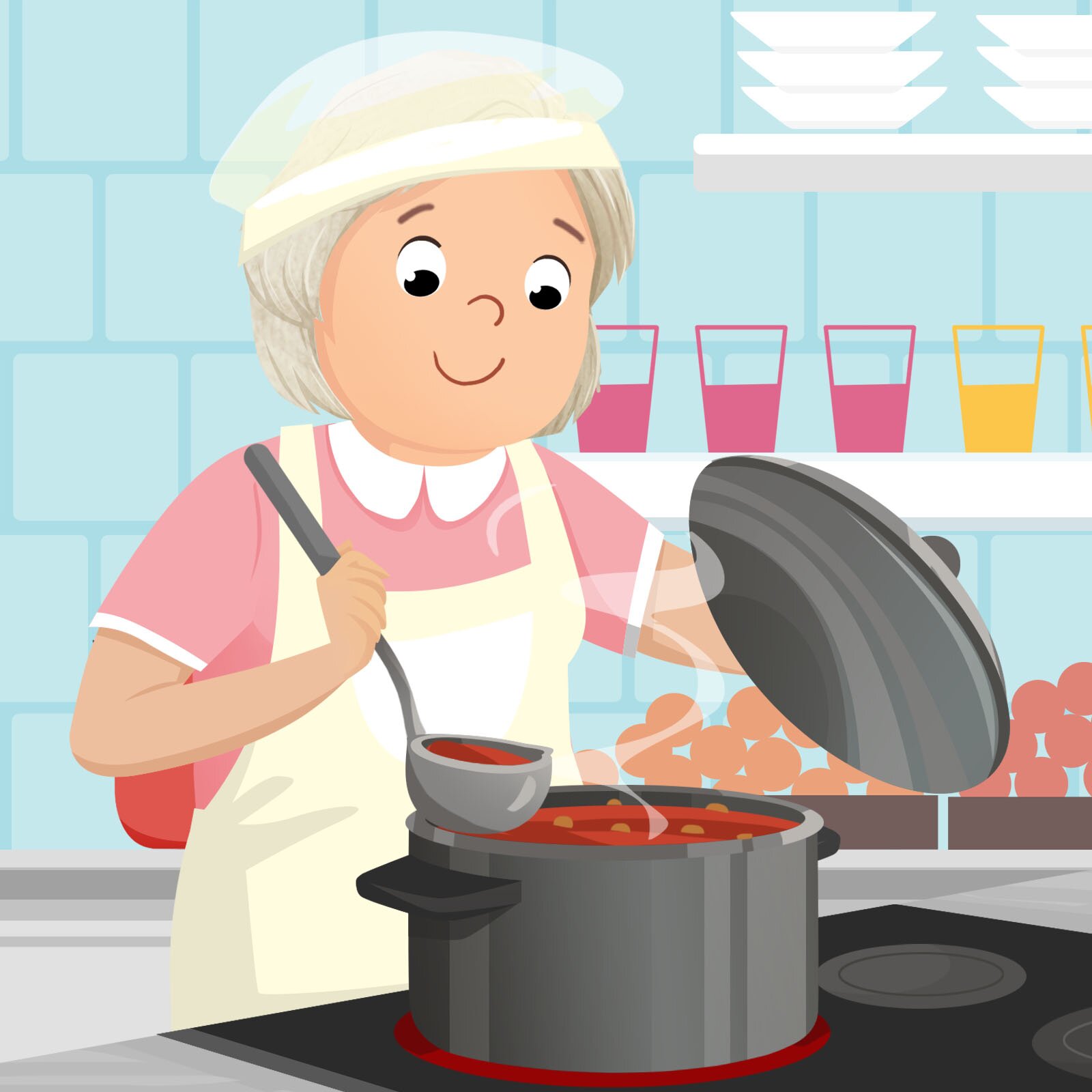 Ilustracja przedstawia kucharkę, która stoi przy garnku i odchyla jego pokrywę, aby spojrzeć na znajdującą się w nim zupę.