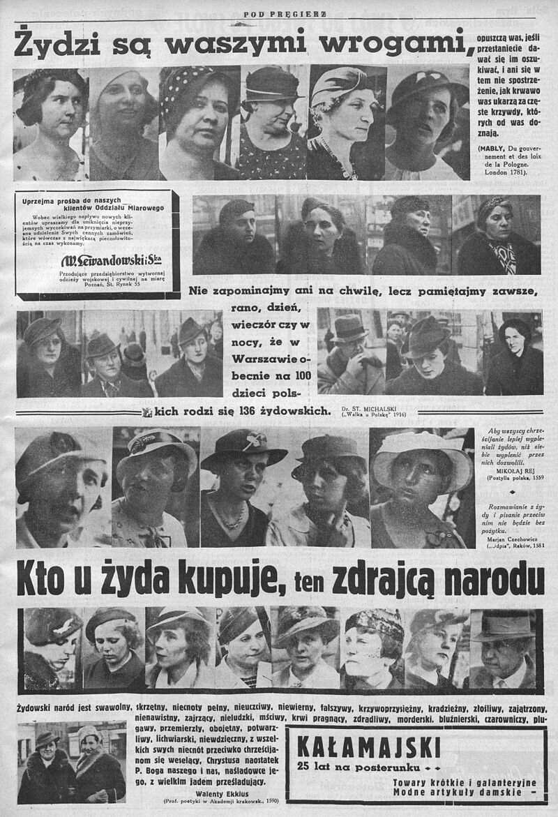 Zdjęcie przedstawia stronę czasopisma wydanego w języku polskim. Zawiera liczne fotografie kobiet i mężczyzn opatrzone podpisem: Żydzi są waszymi wrogami. 